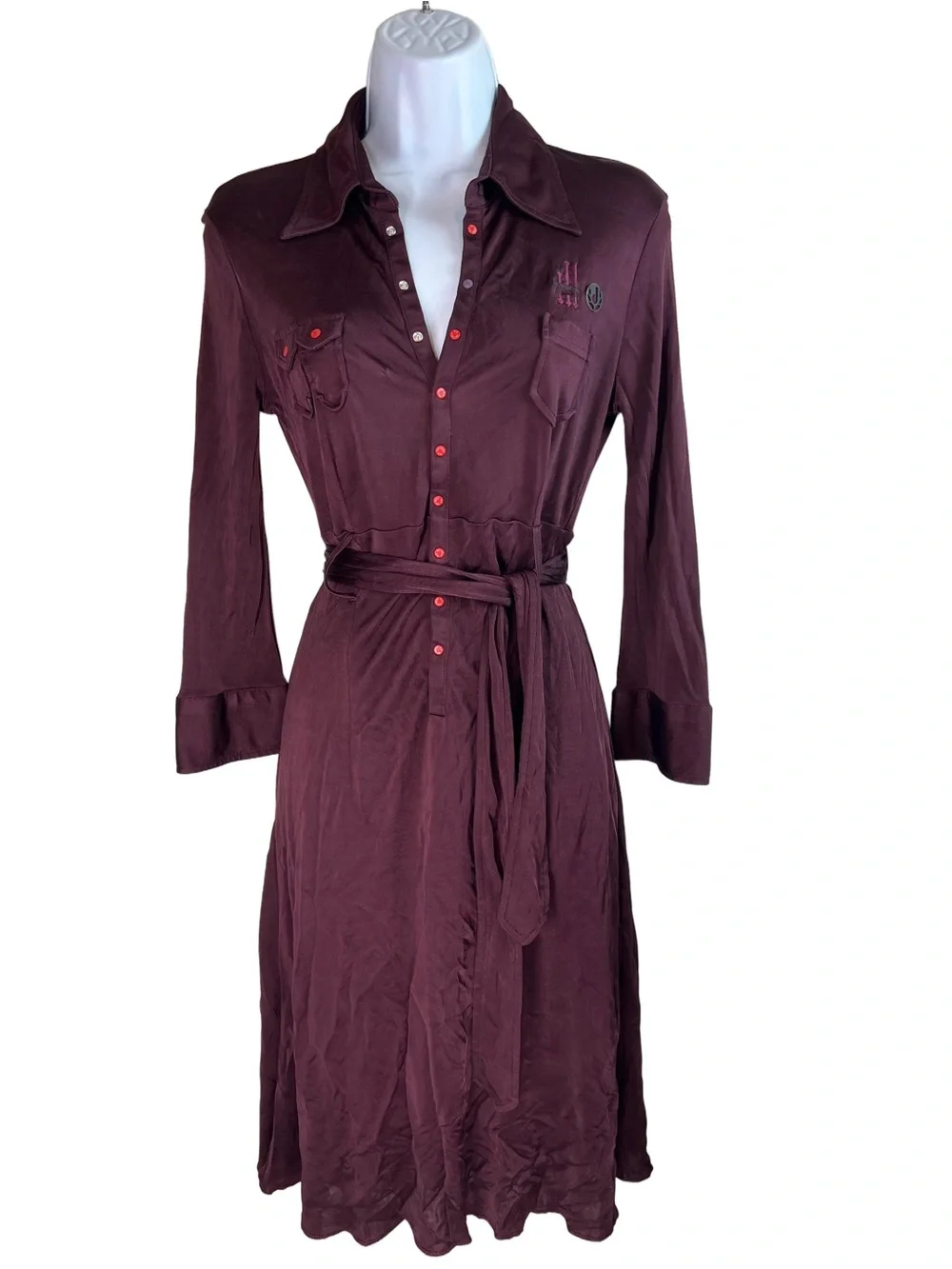 Diesel Shirt Dress Burgundy Rayon Viscose Utility Midi Dress Size M